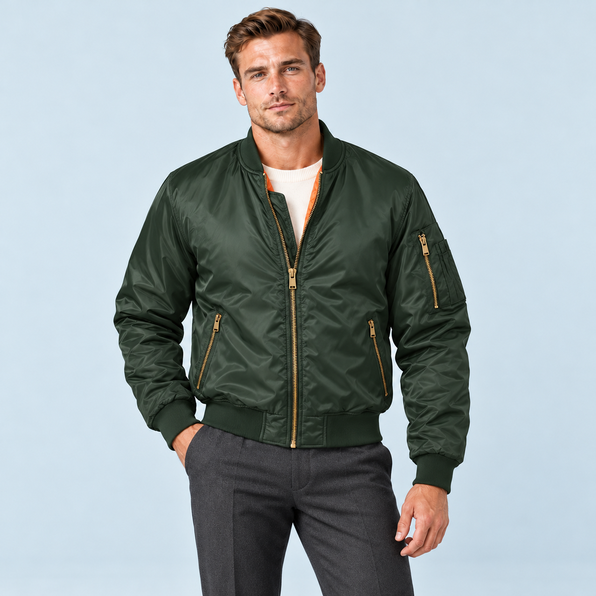 Blouson bomber homme à doublure matelassée — Vert foncé — vue de face avec modèle