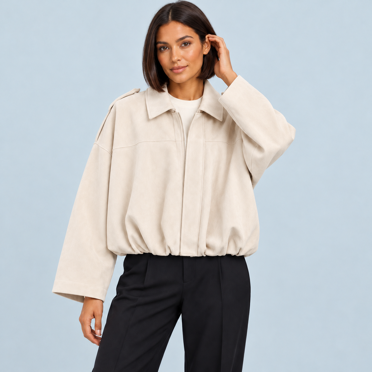 Bomber femme effet daim à col chemise — blanc — face