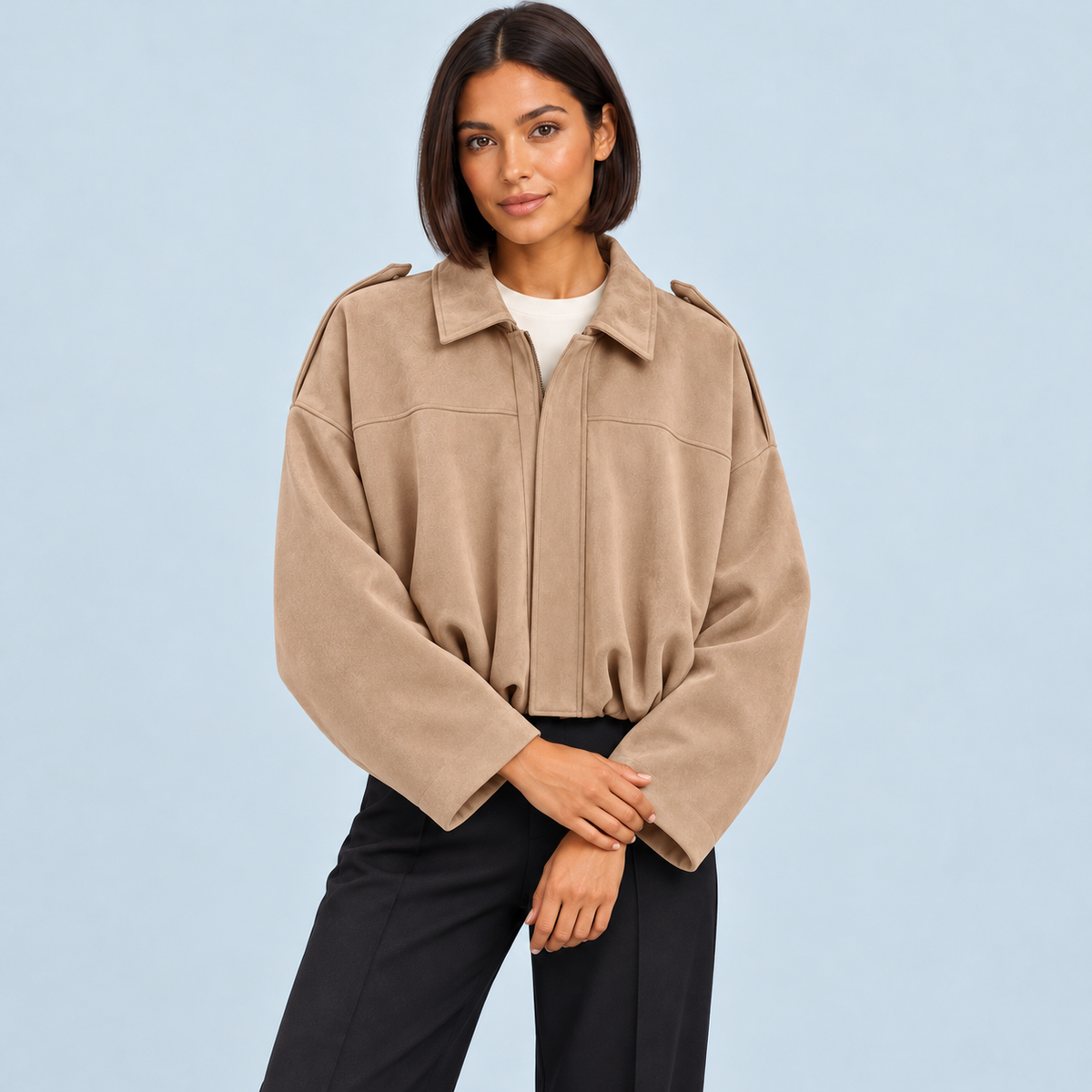 Bomber femme effet daim à col chemise — kaki — face