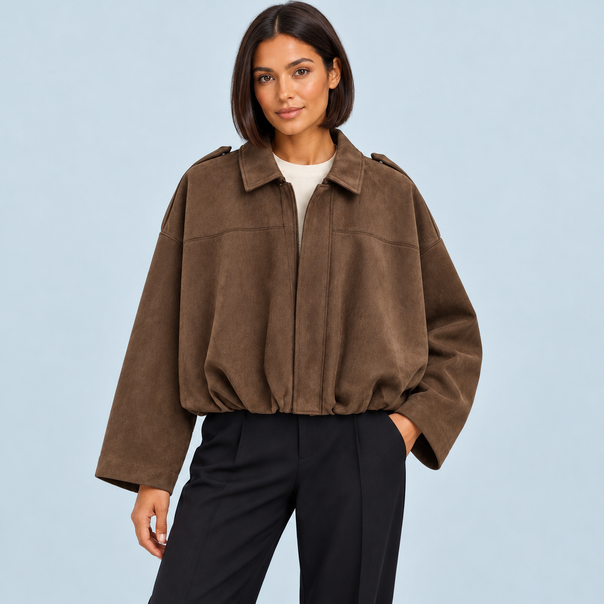 Bomber femme effet daim à col chemise — marron — face