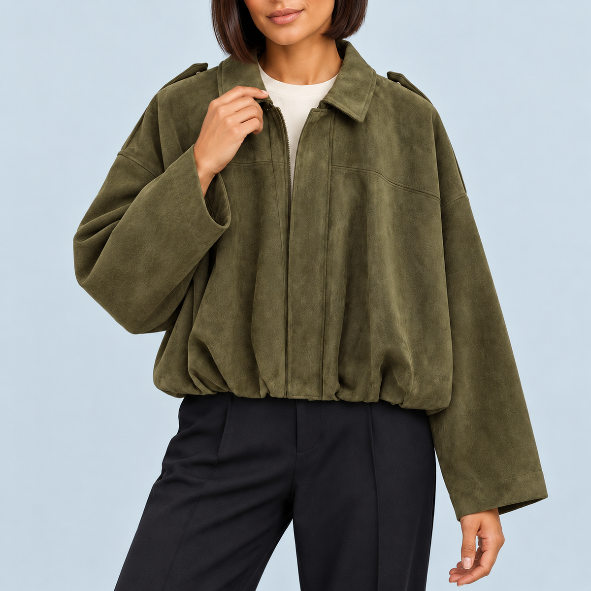 Bomber femme effet daim à col chemise — vert — detail