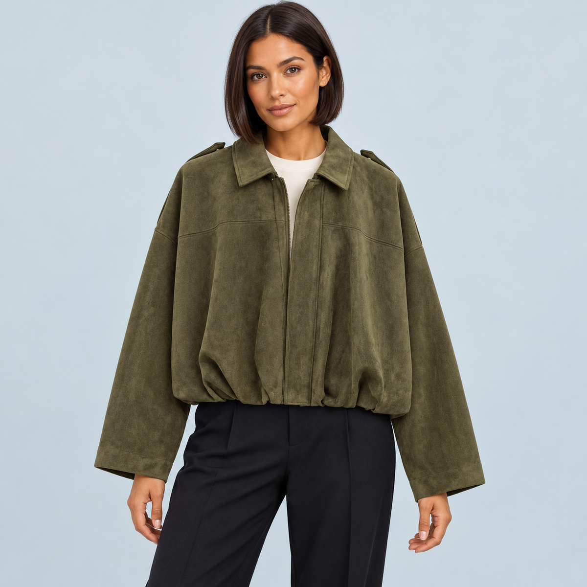 Bomber femme effet daim à col chemise — vert — face
