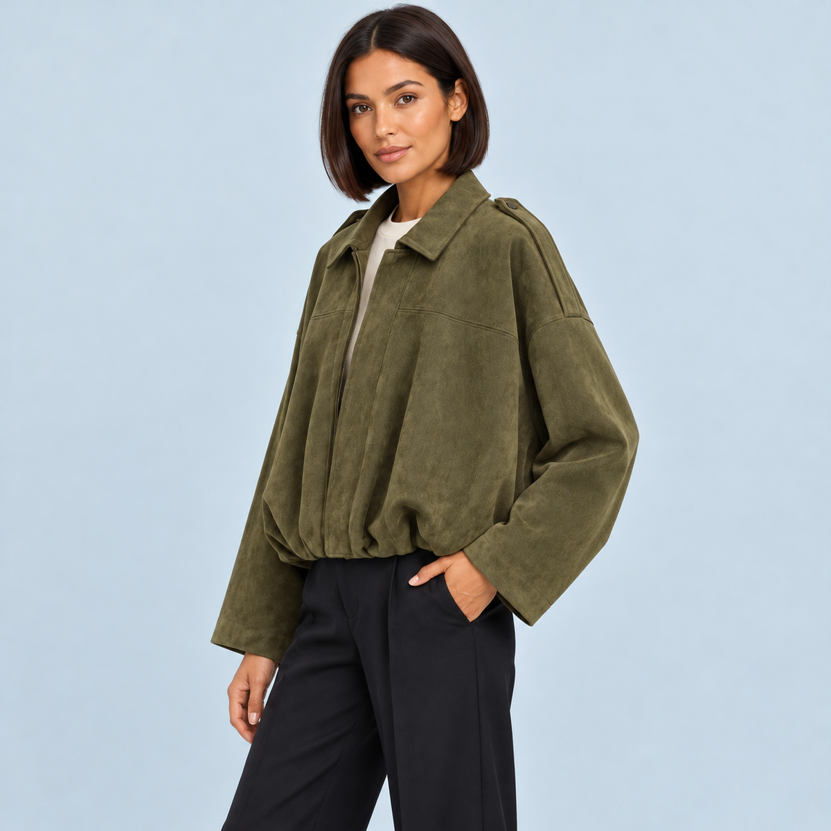 Bomber femme effet daim à col chemise — vert — profil