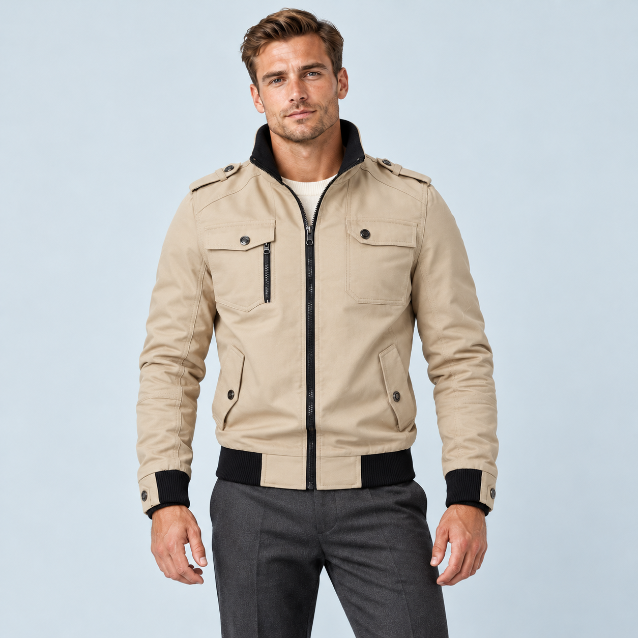Blouson bomber homme à épaulettes et col montant — beige — face