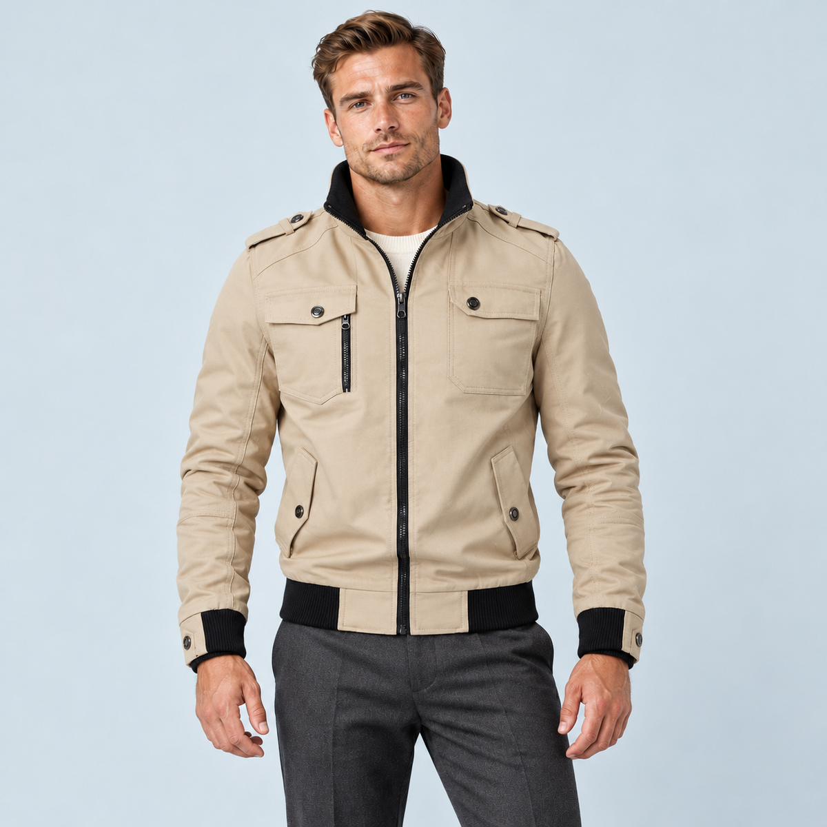Blouson bomber homme à épaulettes et col montant — beige — face