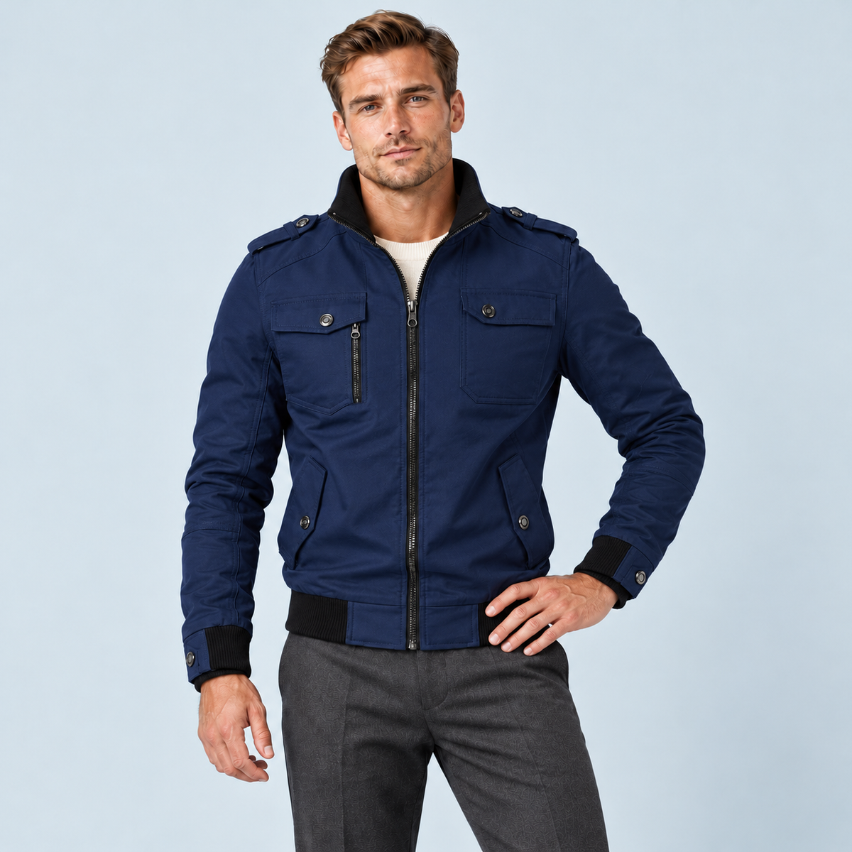 Blouson bomber homme à épaulettes et col montant — bleu-marine — face