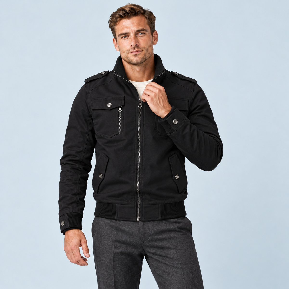Blouson bomber homme à épaulettes et col montant — noir — face