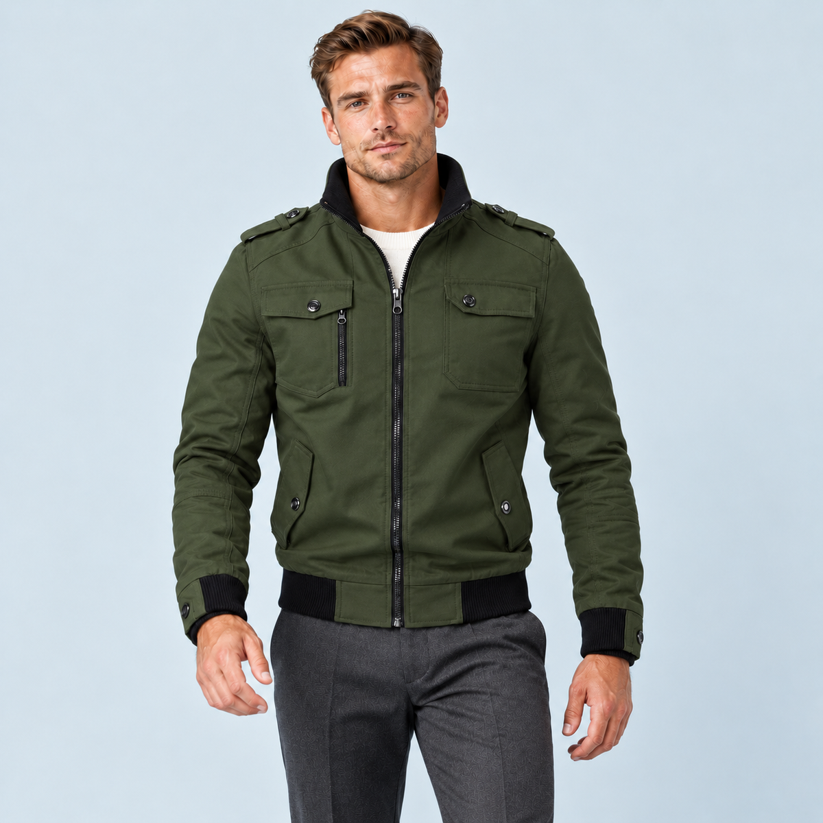 Blouson bomber homme à épaulettes et col montant — vert-armee — face