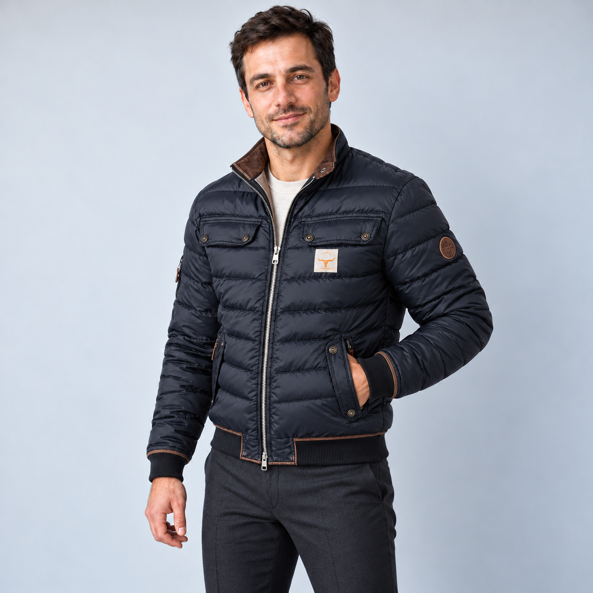 Bomber matelassé à col montant — Bleu marine, pose 2