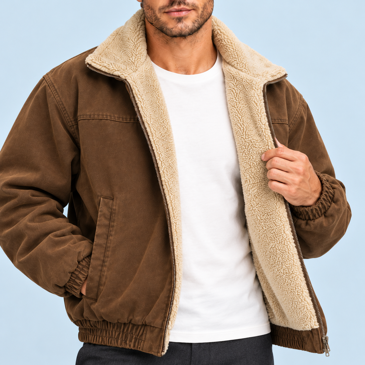 Blouson bomber homme doublé à col teddy — marron-fonce — detail