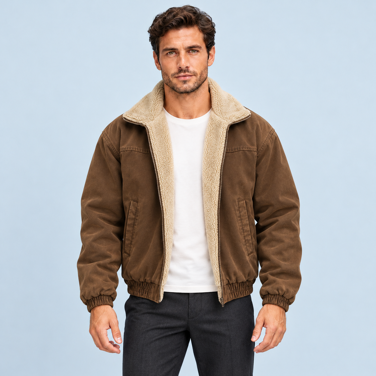 Blouson bomber homme doublé à col teddy — marron foncé — face