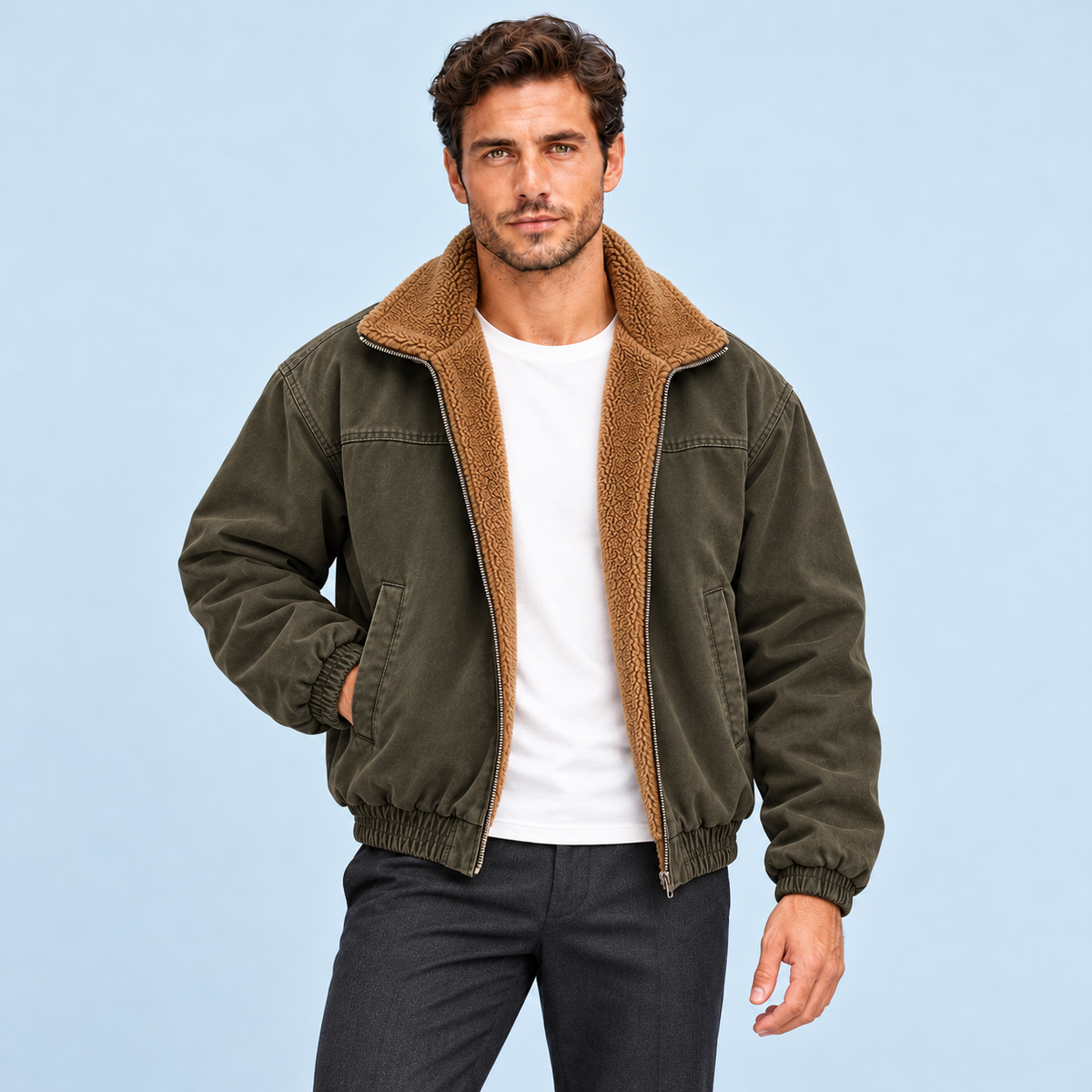 Blouson bomber homme doublé à col teddy — vert-fonce — face