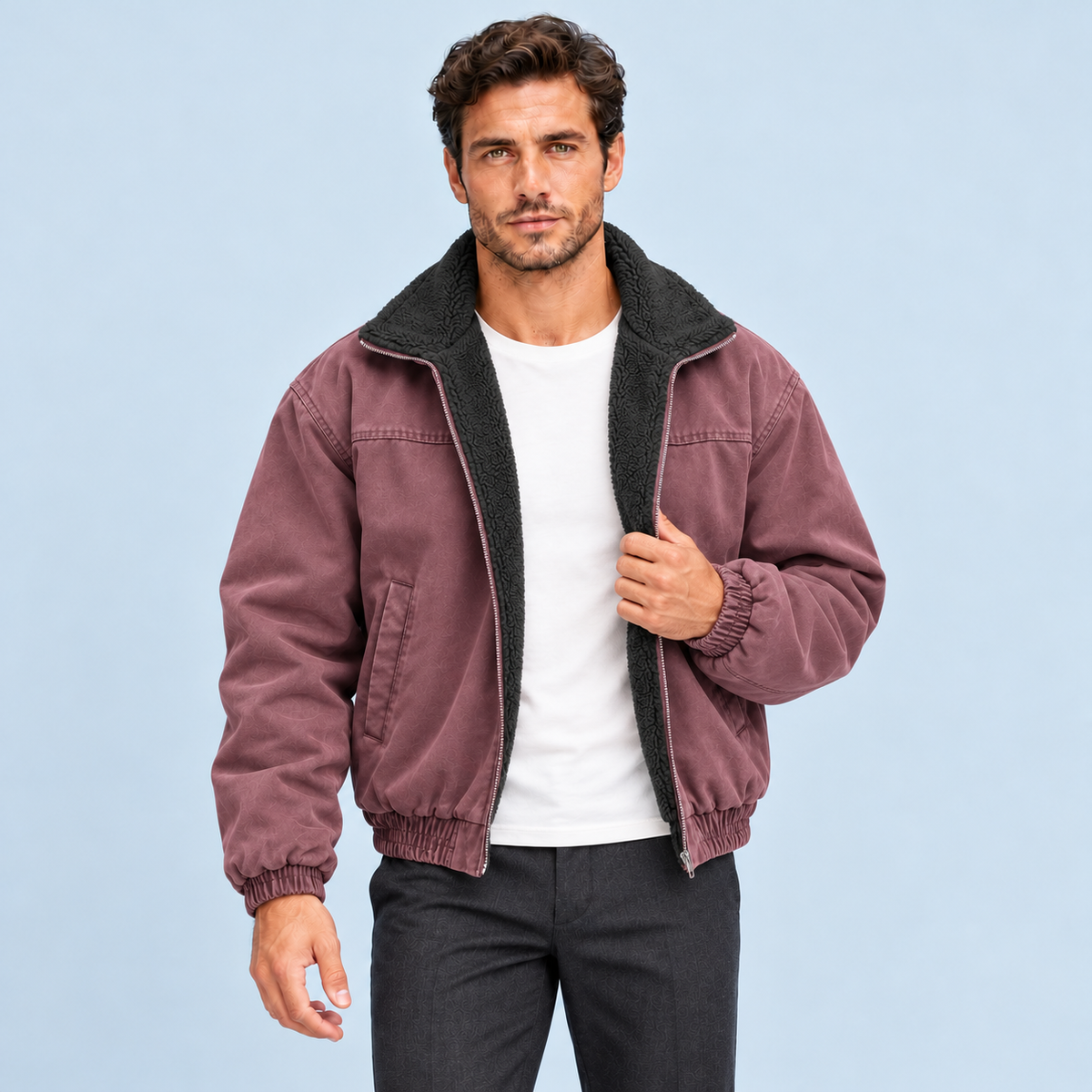 Blouson bomber homme doublé à col teddy — violet-clair — face