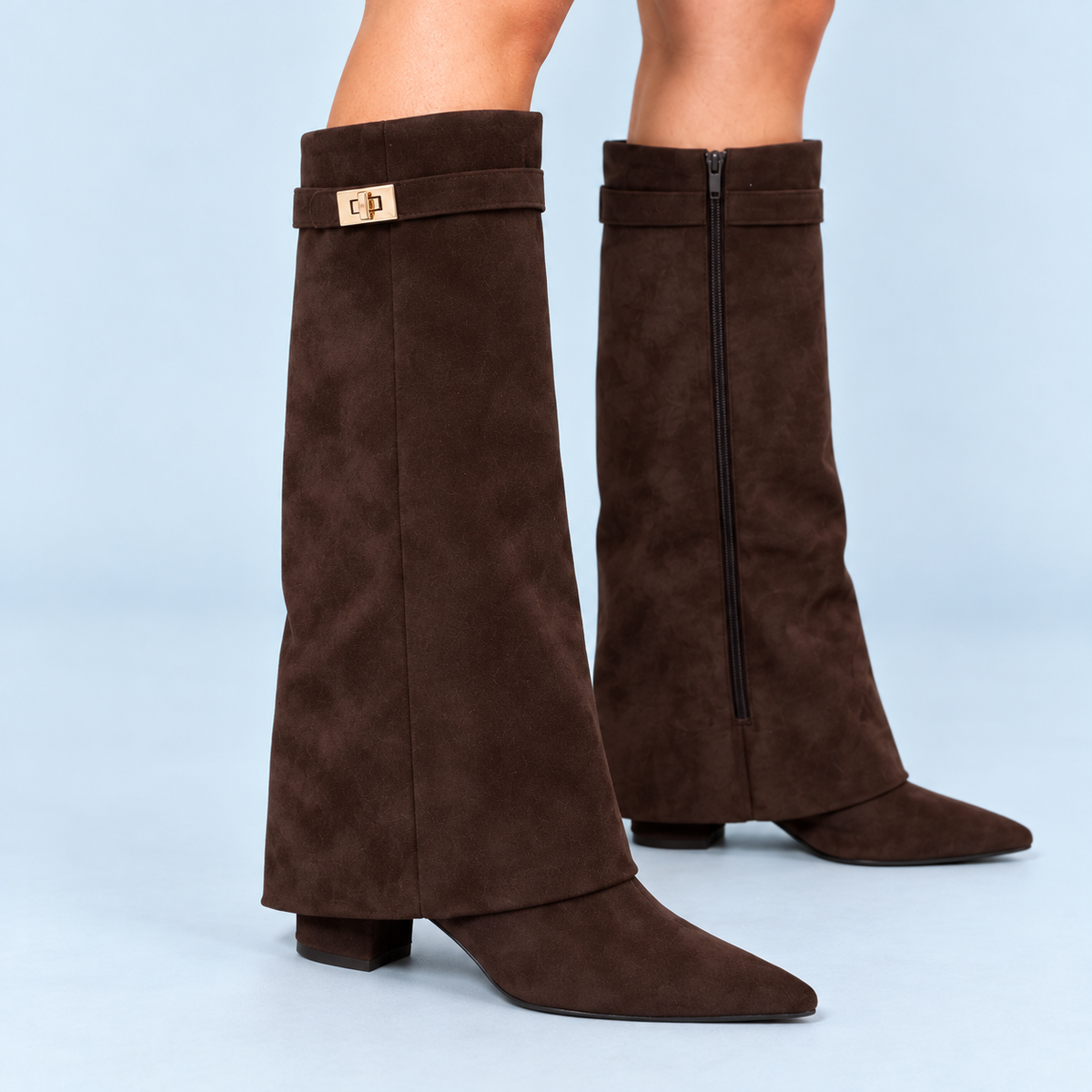 Bottes hautes femme à talon bas marron-suede — detail