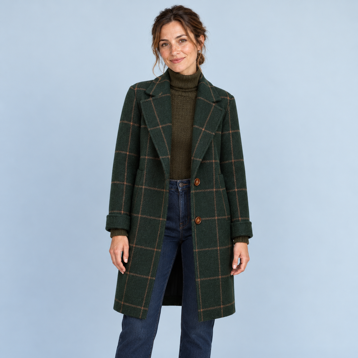 Manteau vert à carreaux — face avec mannequin