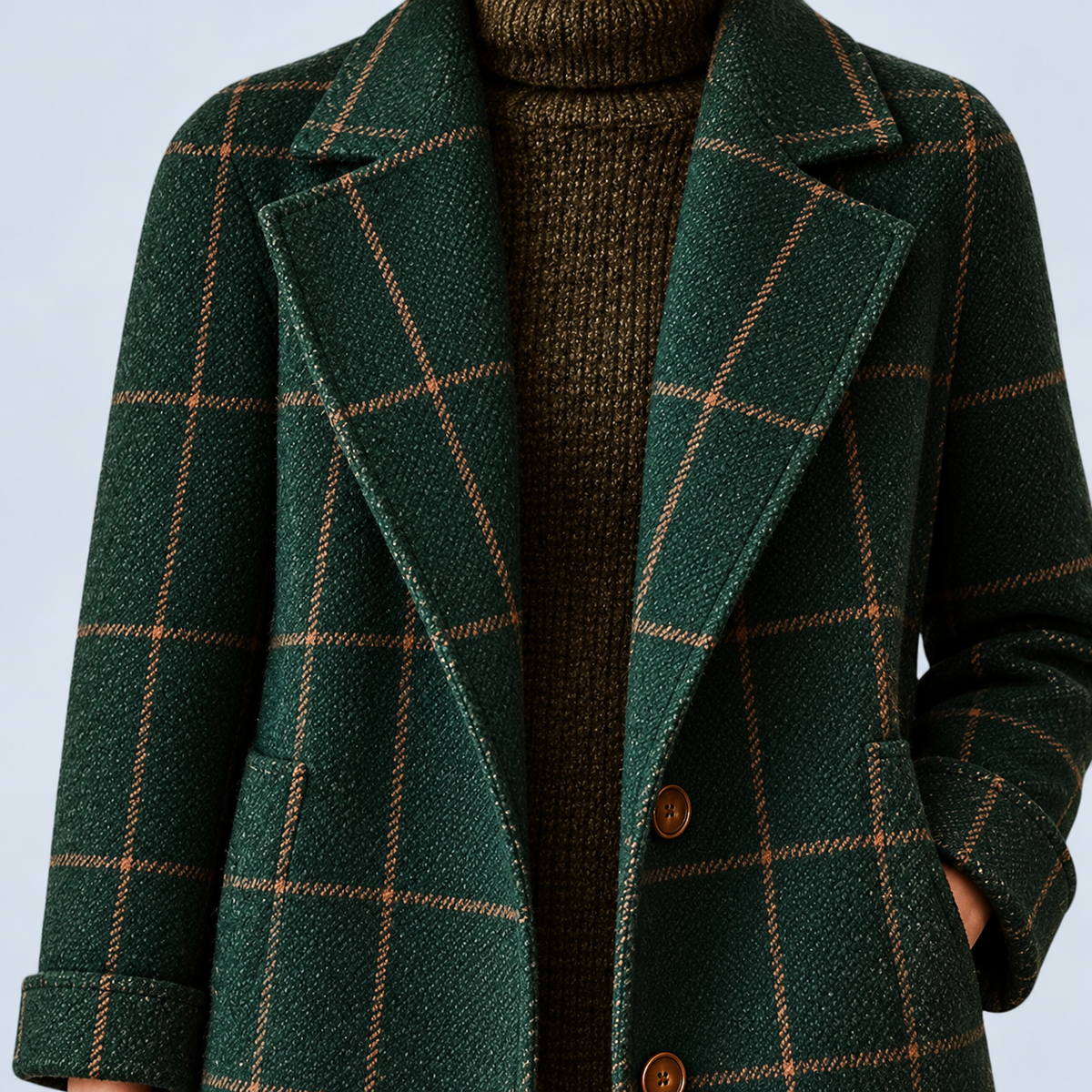 Manteau vert à carreaux — détail du col