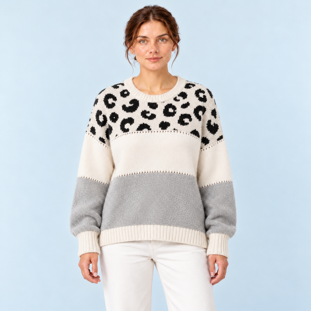 Pull femme à motif léopard et blocs de couleurs — gris-face