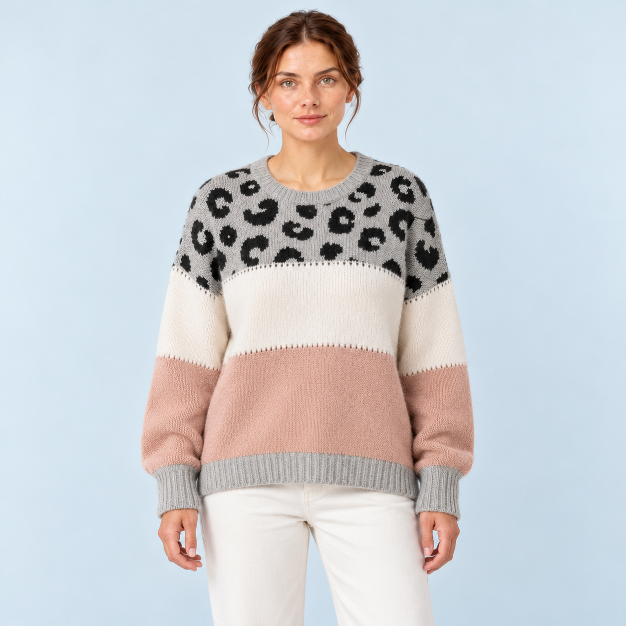 Pull femme à motif léopard et blocs de couleurs — rose-clair-face