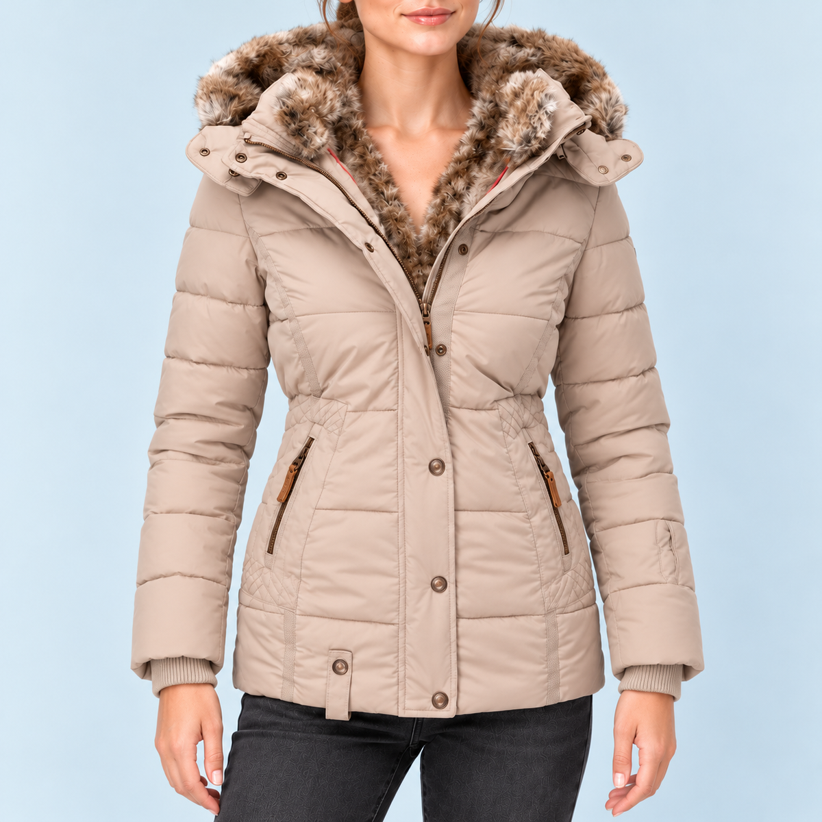 Doudoune femme cintrée à capuche — beige — vue detail