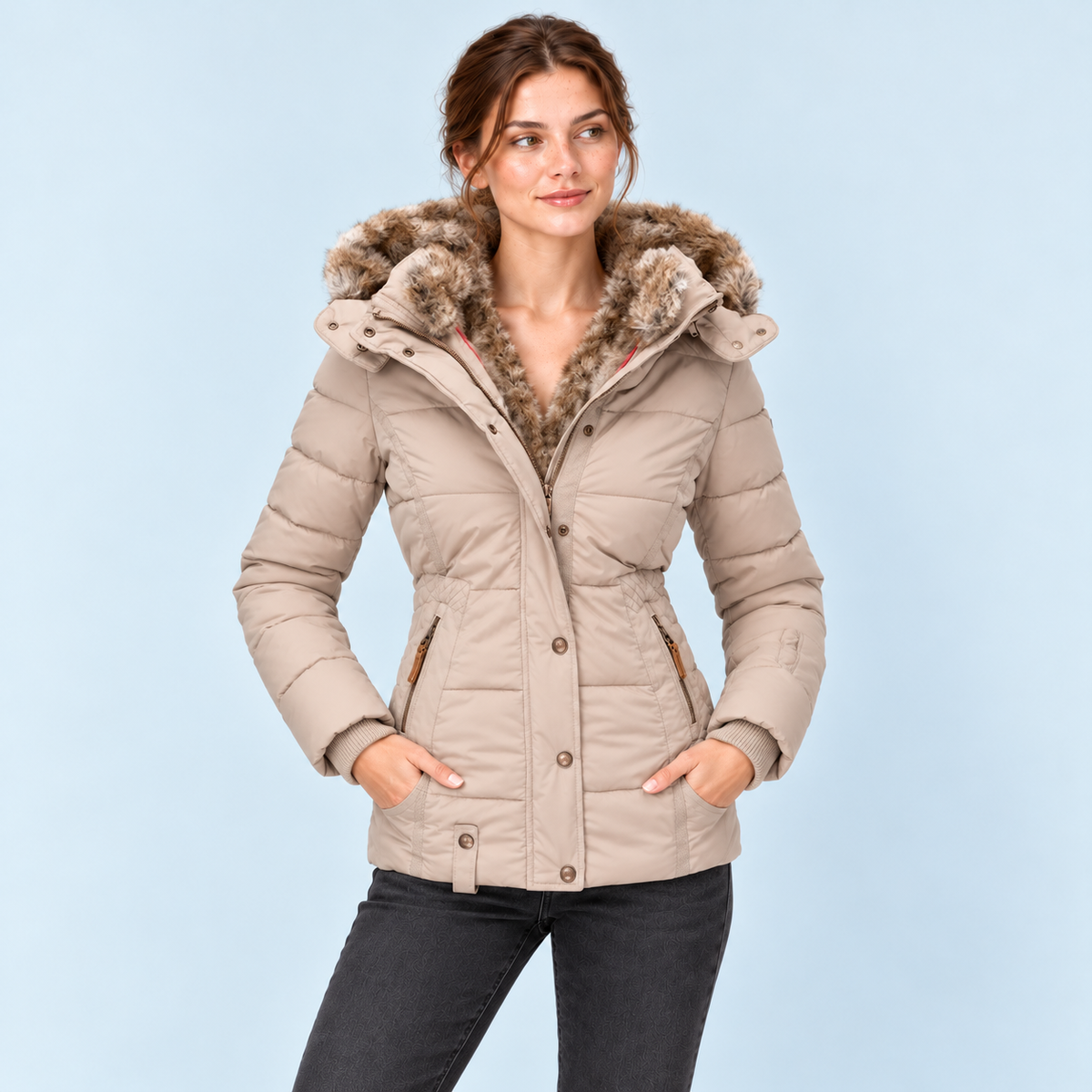 Doudoune femme cintrée à capuche — beige — vue face