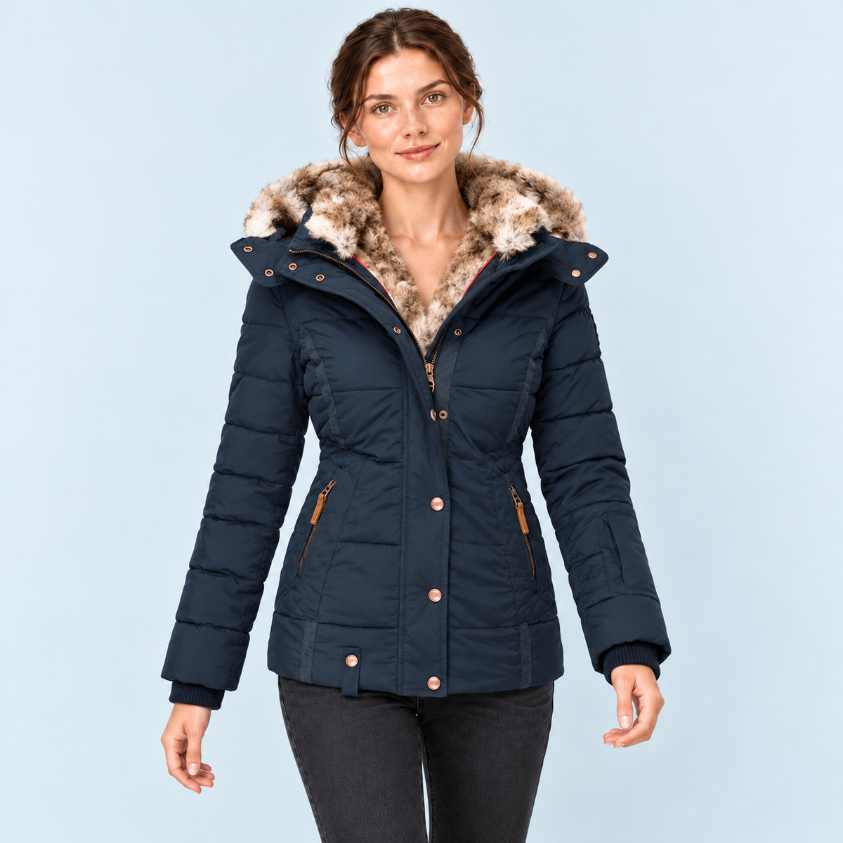Doudoune femme cintrée à capuche — bleu-marine — vue face