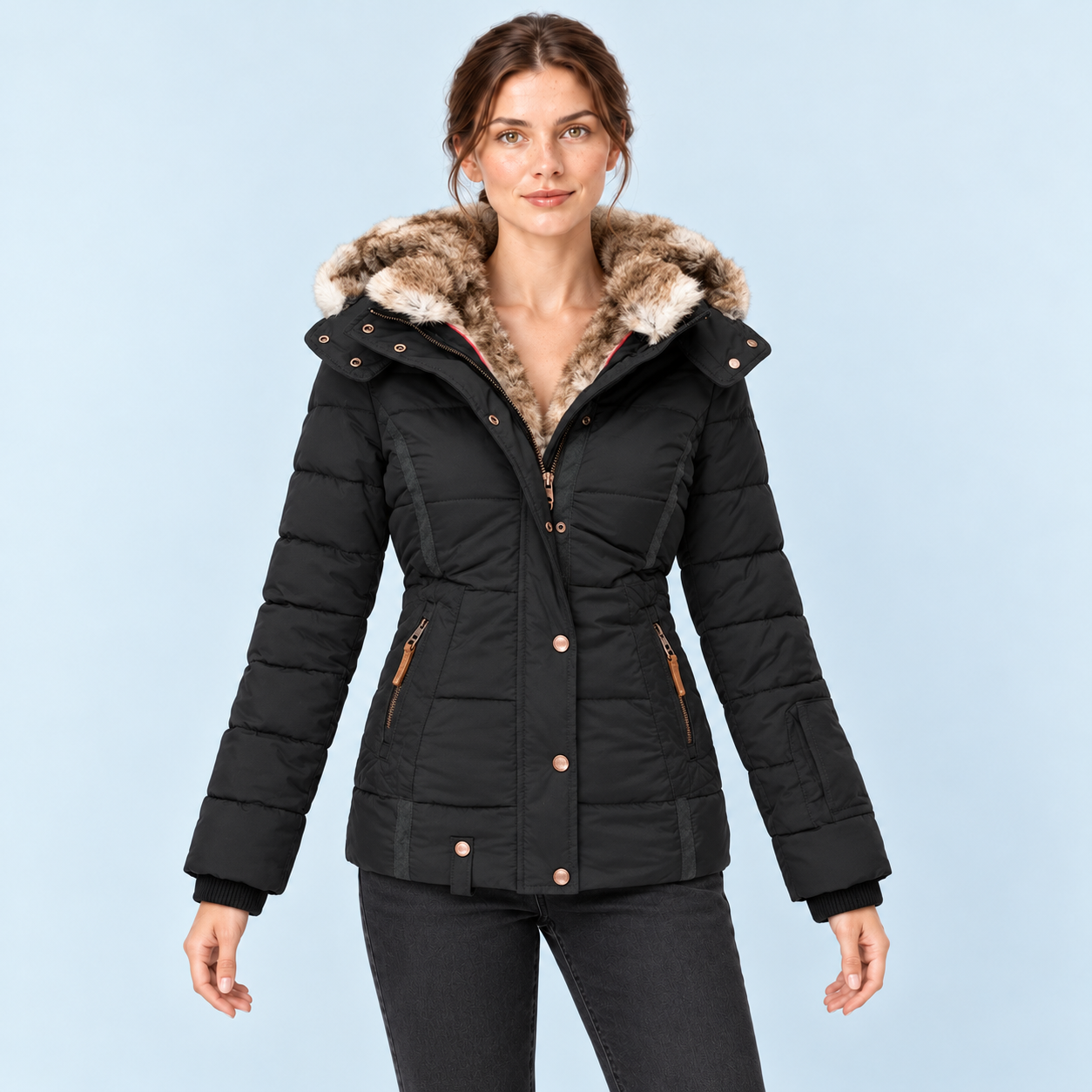 Doudoune femme cintrée à capuche — noir — vue face