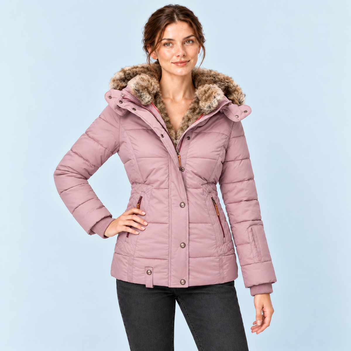Doudoune femme cintrée à capuche — rose — vue face