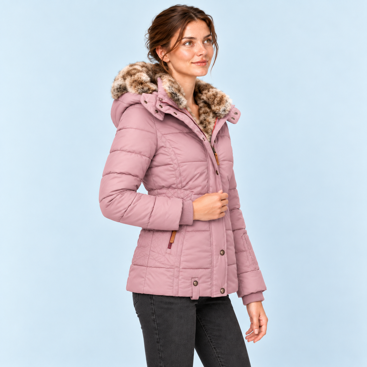Doudoune femme cintrée à capuche — rose — vue profil