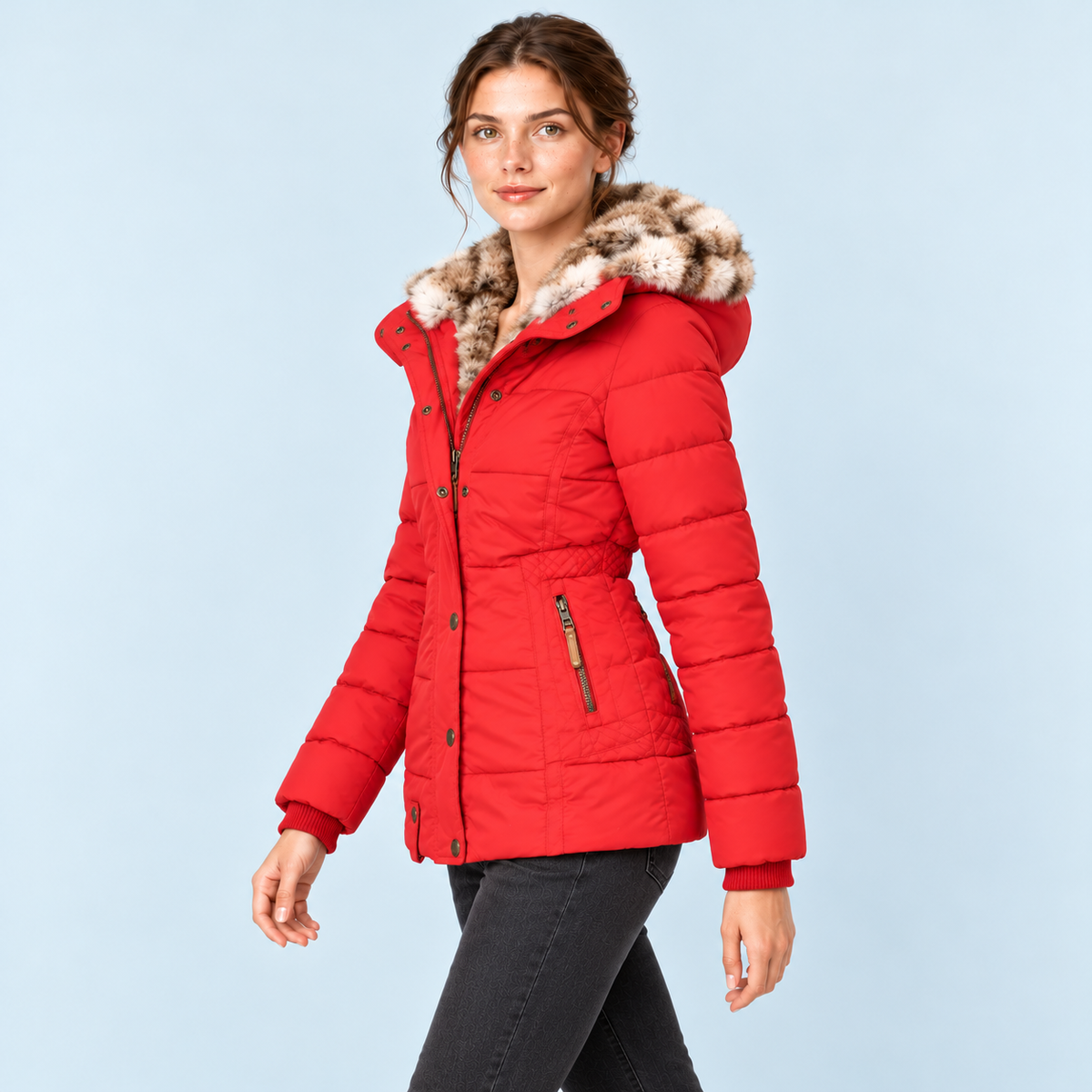 Doudoune femme cintrée à capuche — rouge — vue profil