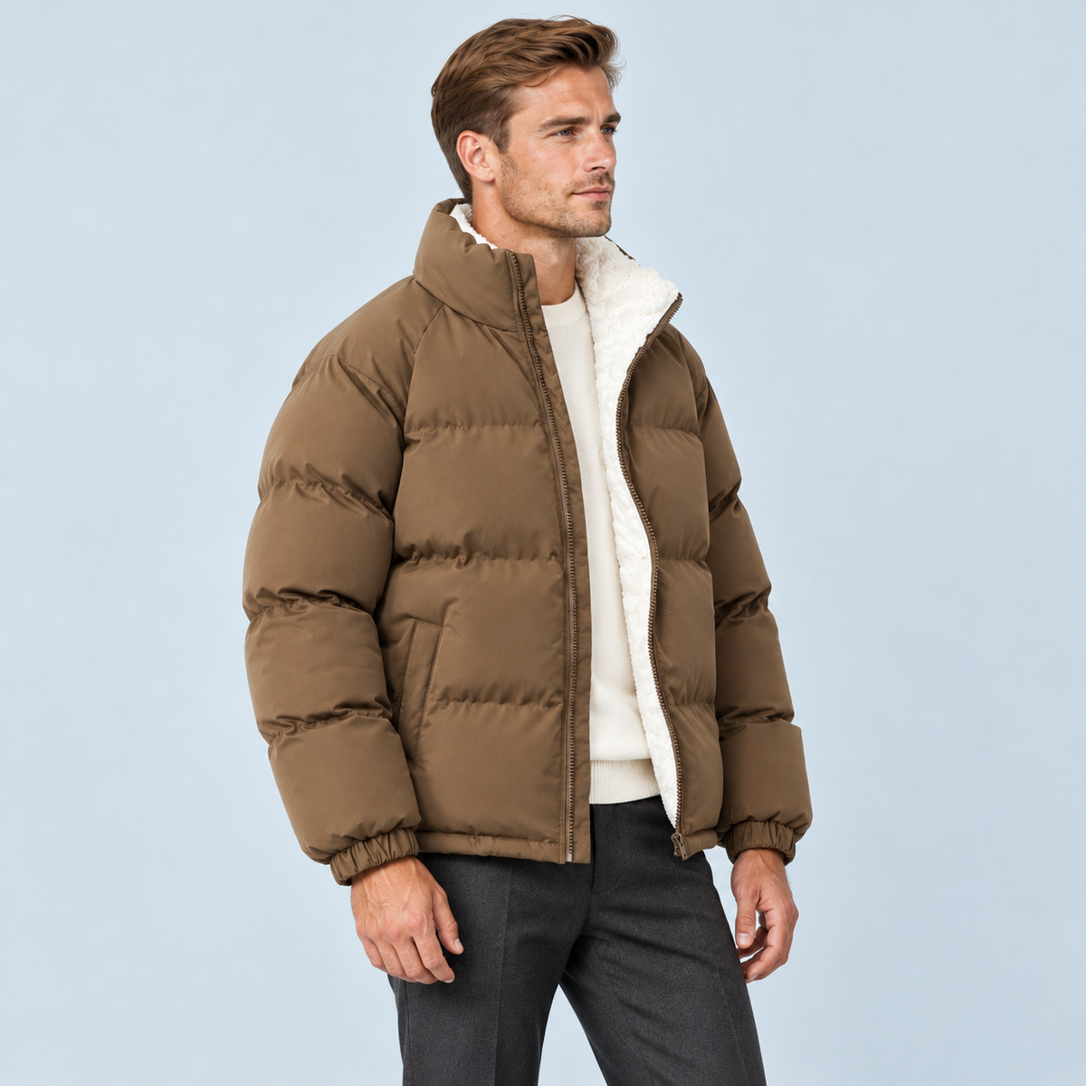 Doudoune homme doublée polaire — kaki — profil