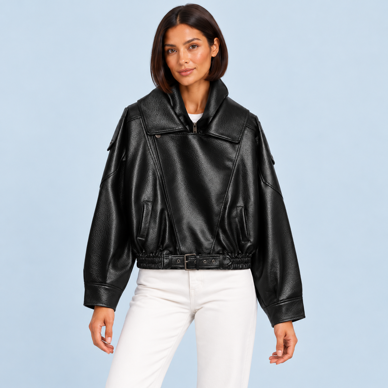 Blouson femme en similicuir à col montant — Noir — vue de face