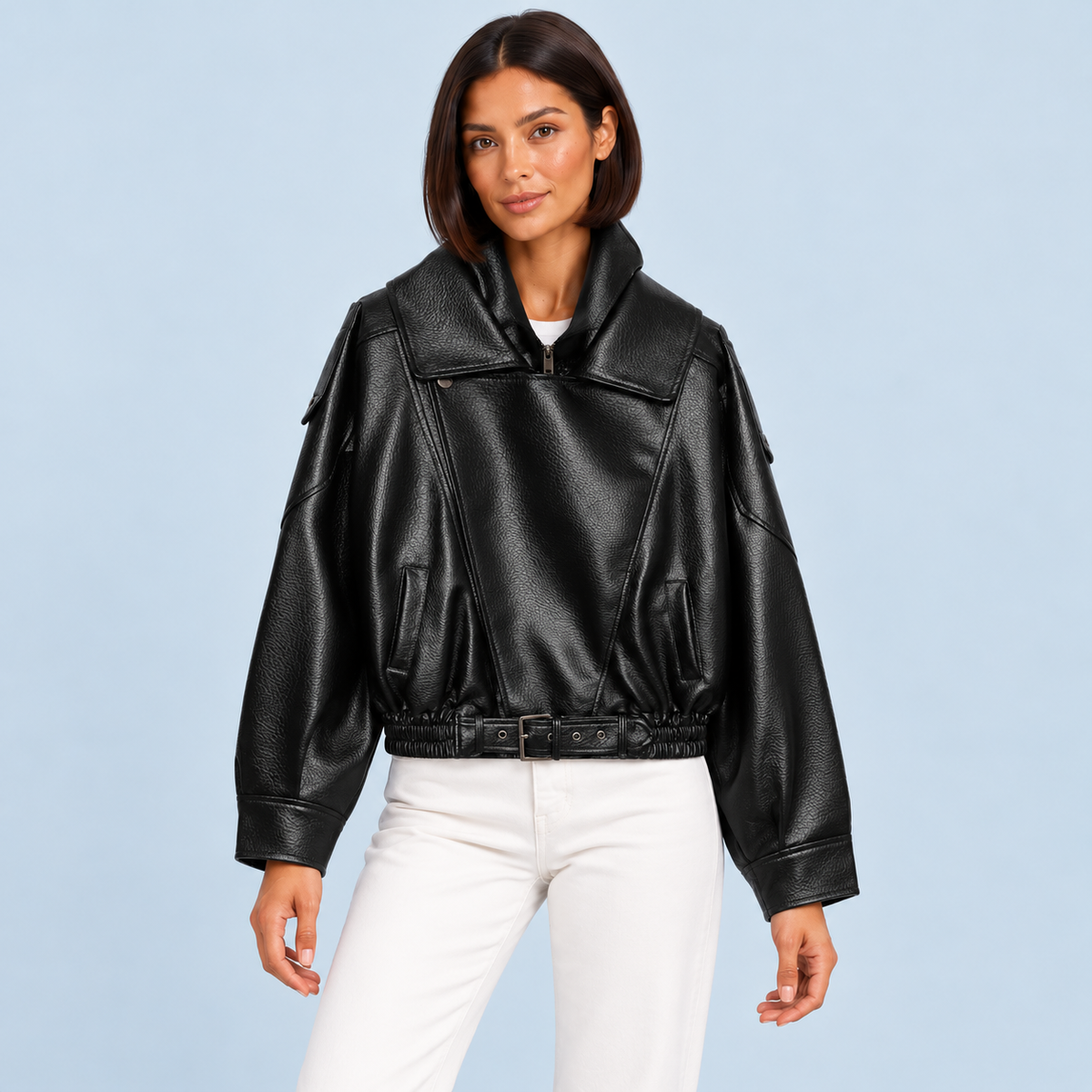 Blouson femme en similicuir à col montant — Noir — vue de face