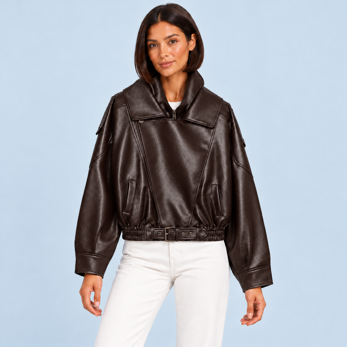 Blouson femme en similicuir à col montant — Marron foncé — vue de face