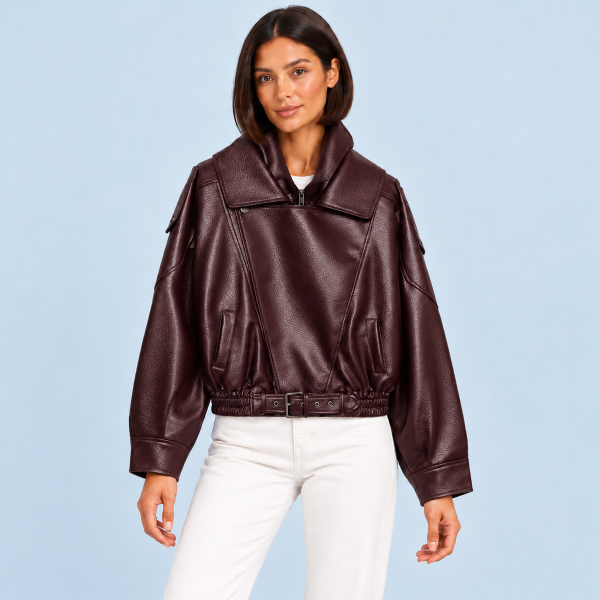 Blouson femme en similicuir à col montant — Bordeaux — vue de face