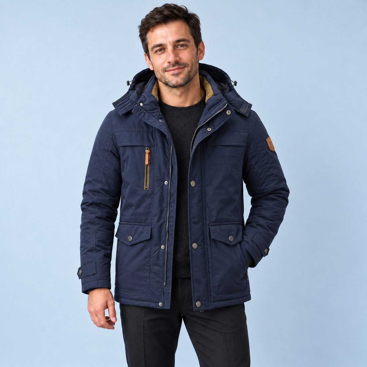 Parka bleu marine portée de face