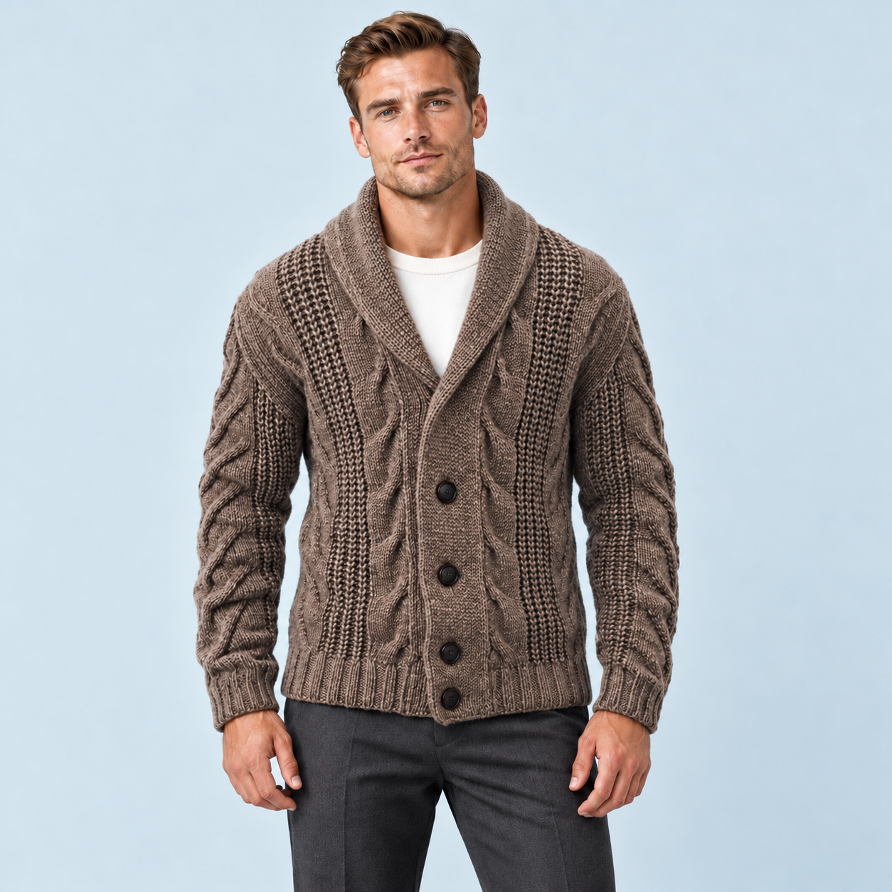 Gilet homme marron en maille torsadée à col châle — vue de face, Modèle D
