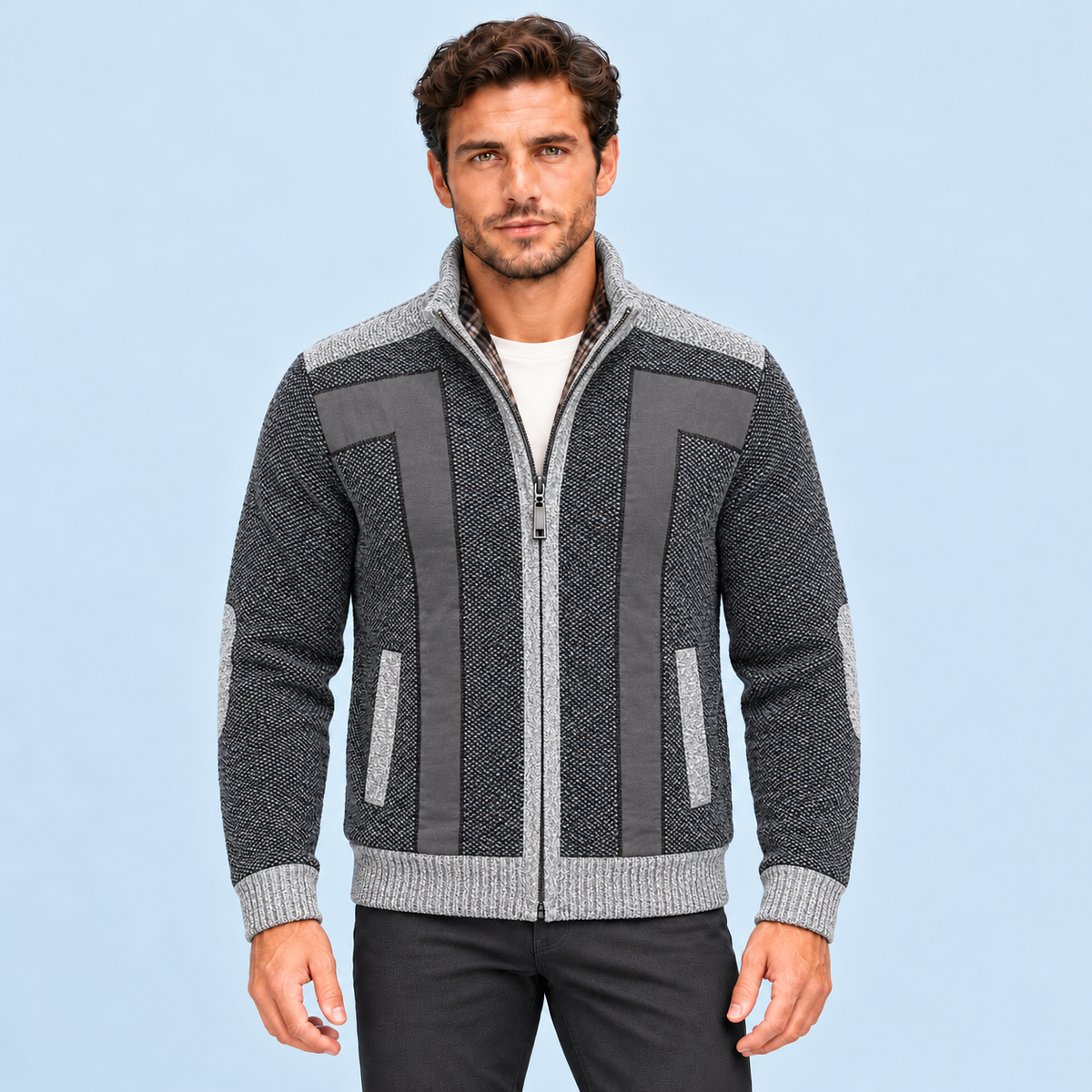 Gilet homme gris foncé zippé à empiècements contrastés, vue de face sur modèle B