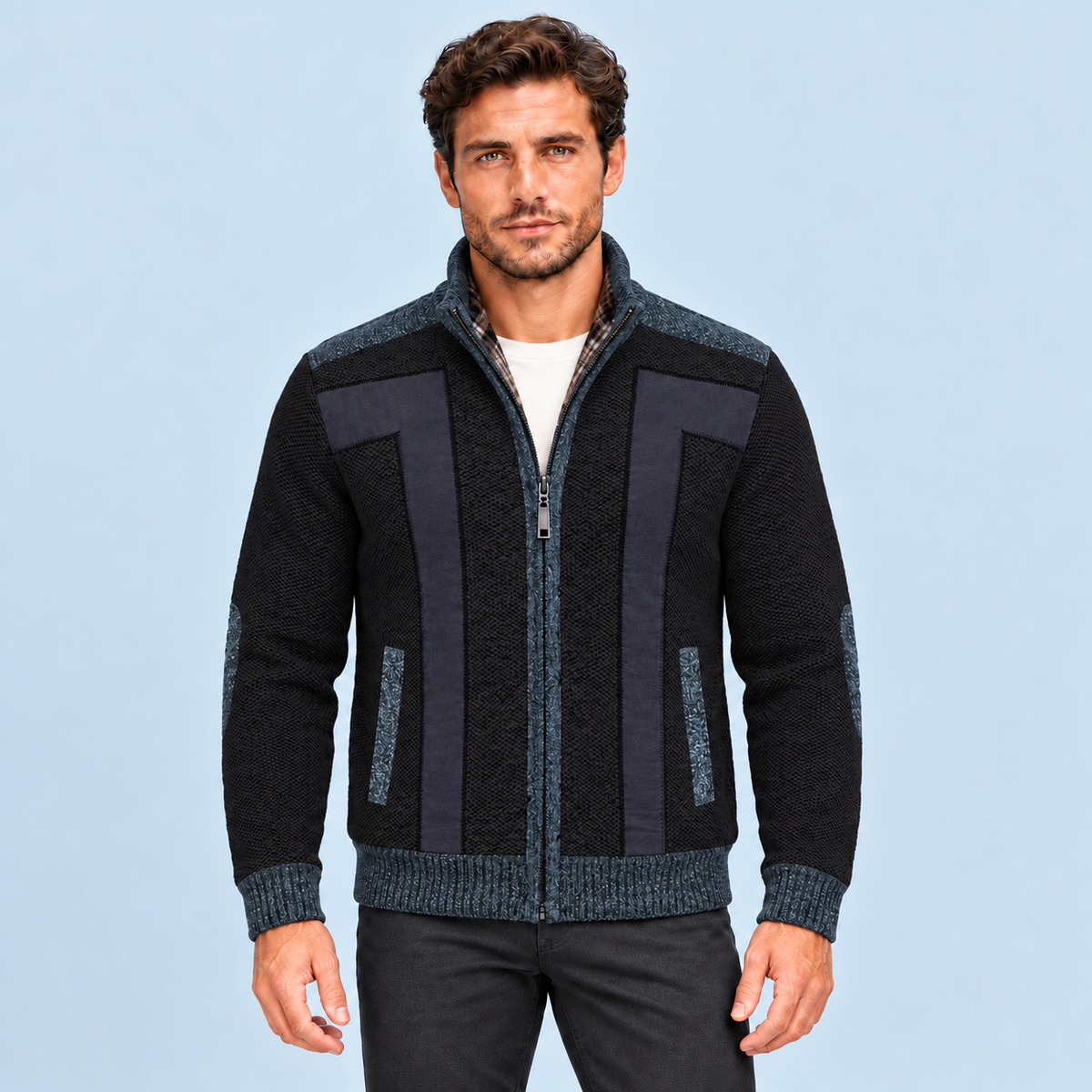 Gilet homme noir zippé à empiècements contrastés, vue de face sur modèle B