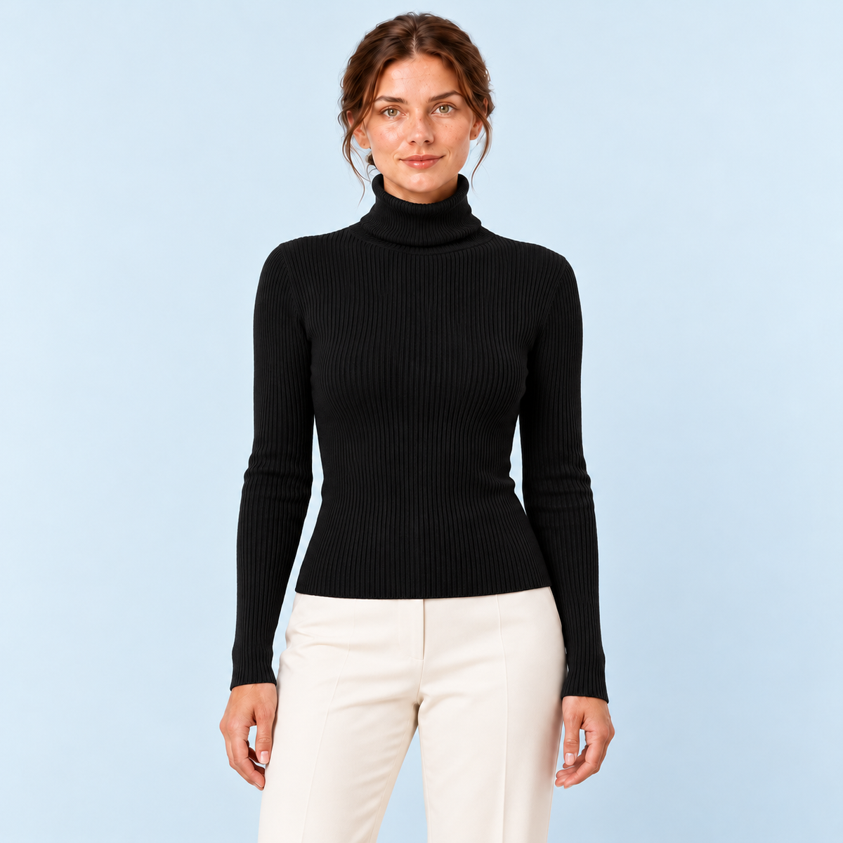Pull femme côtelé à col roulé — Noir — vue de face