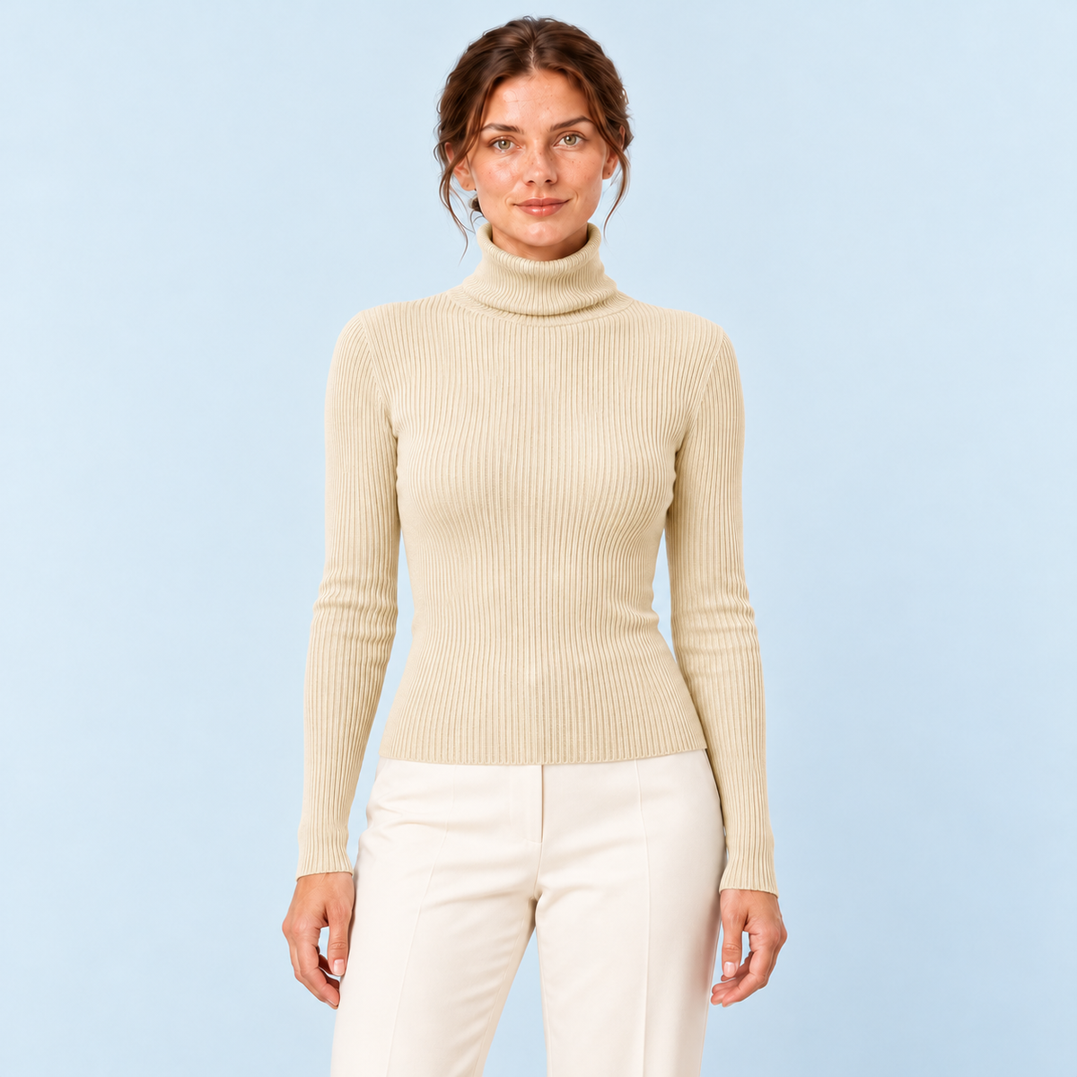 Pull femme côtelé à col roulé — Beige — vue de face
