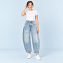 Jean large femme taille haute bleu-clair — face