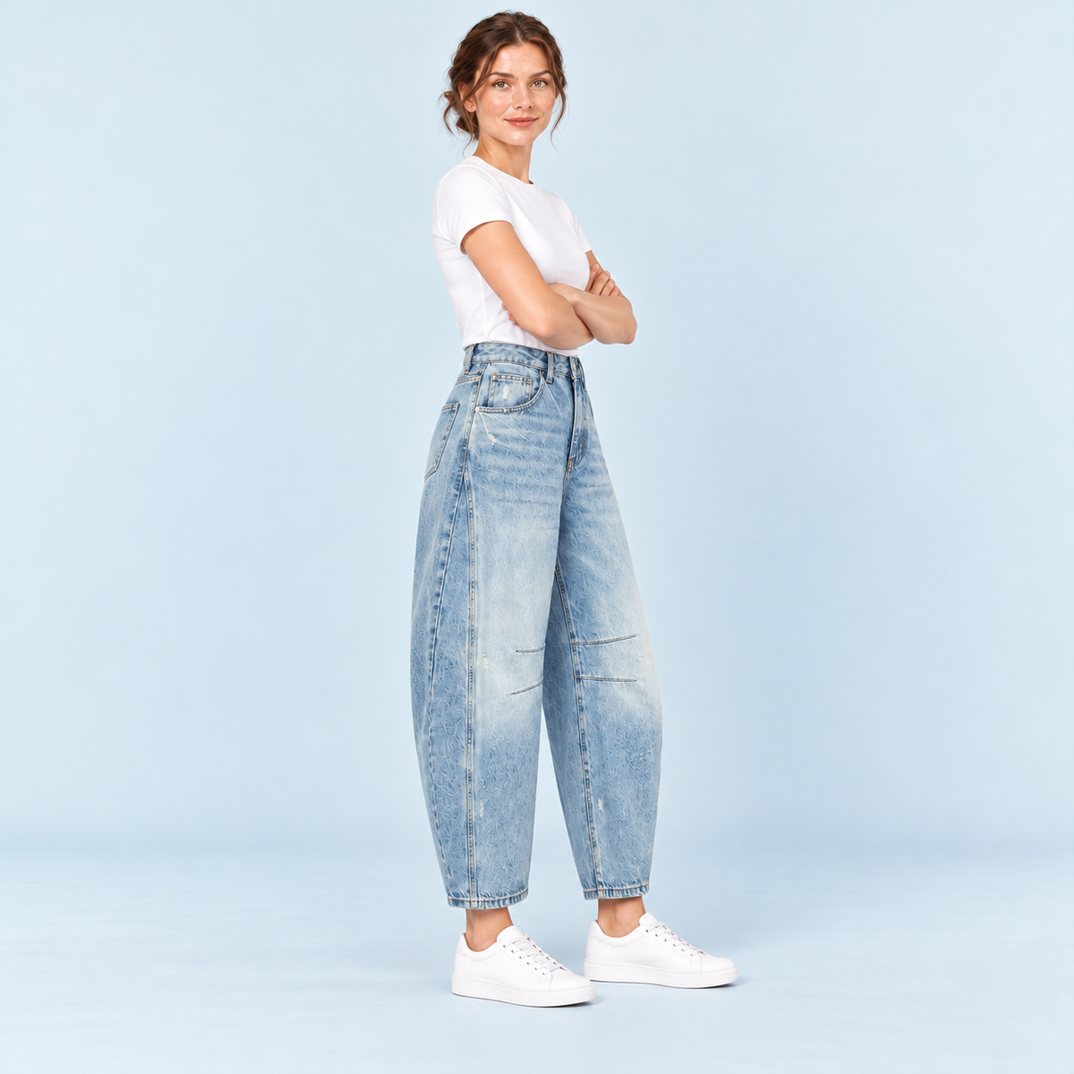 Jean large femme taille haute bleu-clair — profil
