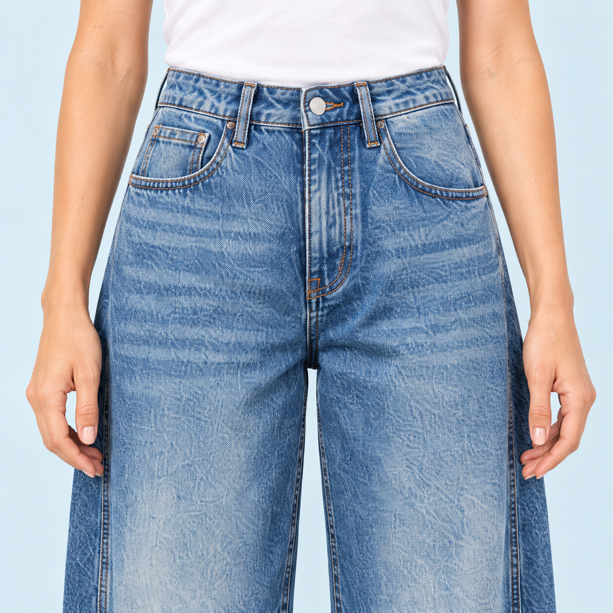 Jean large femme taille haute bleu — detail