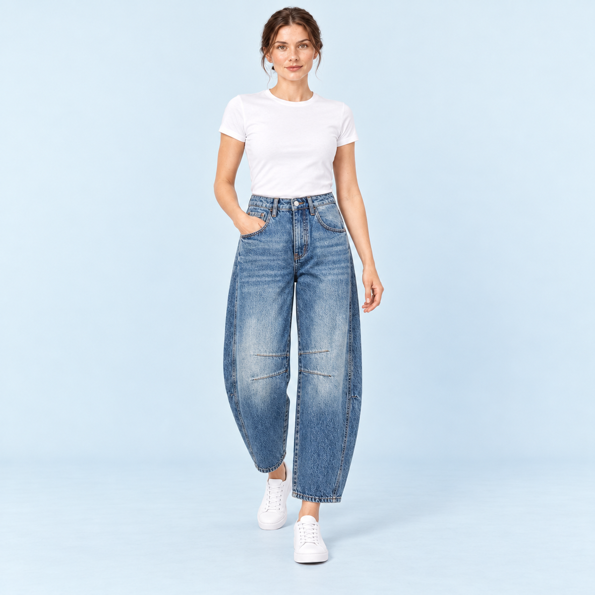 Jean large femme taille haute bleu — face