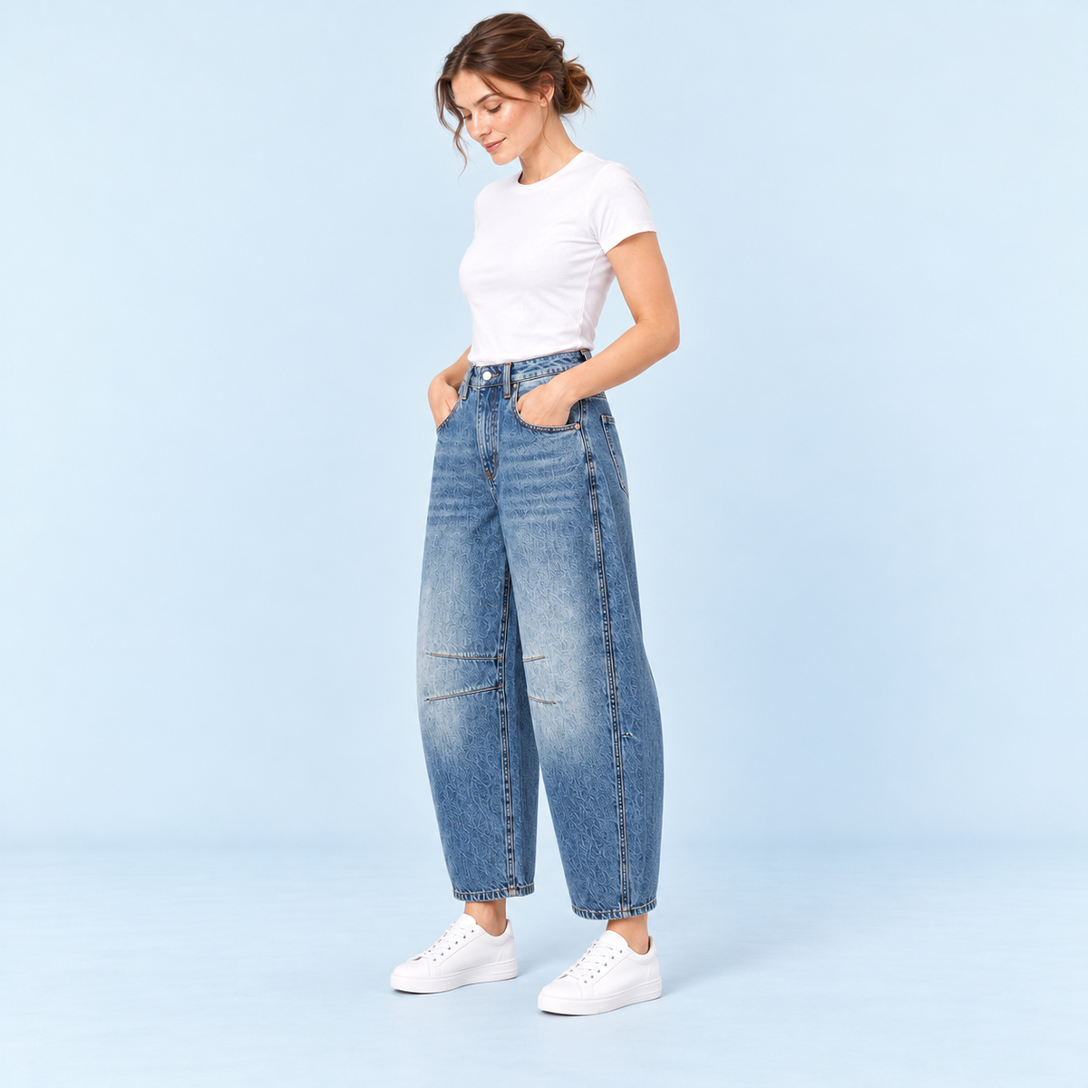 Jean large femme taille haute bleu — profil