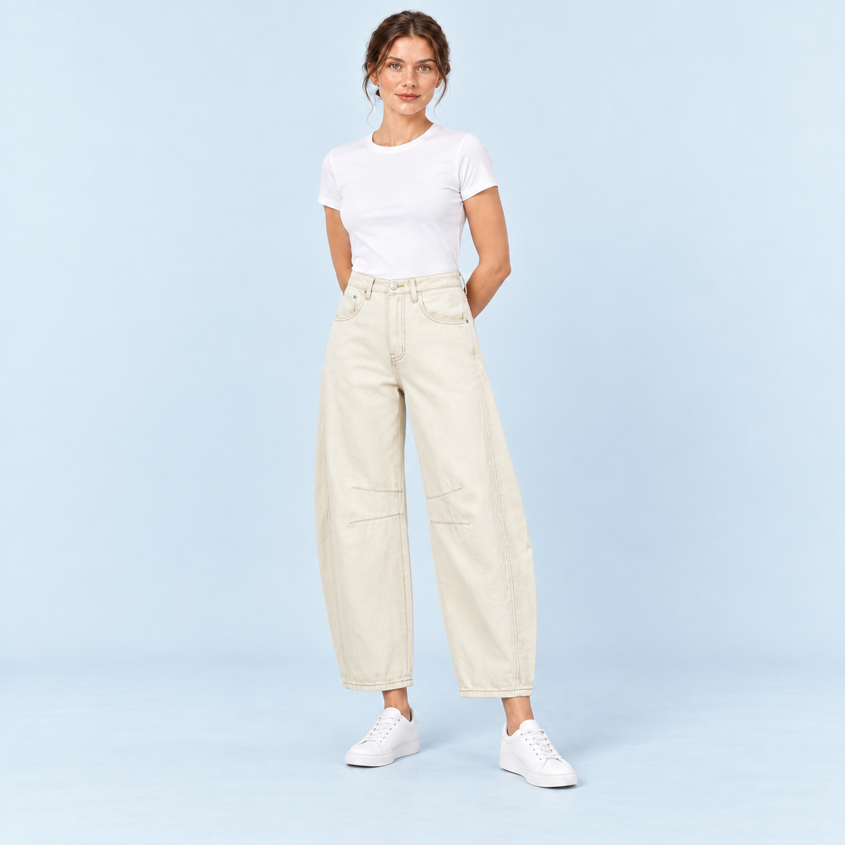 Jean large femme taille haute ecru — face