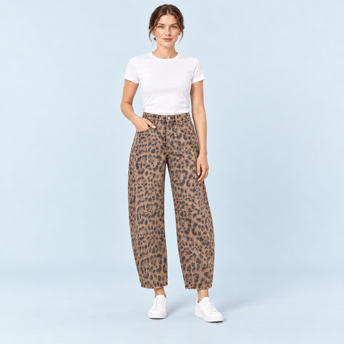 Jean large femme taille haute leopard — face