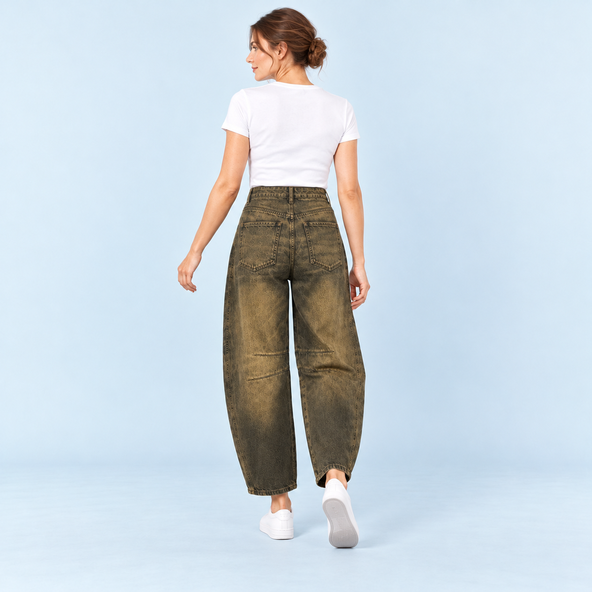 Jean large femme taille haute marron-clair — dos