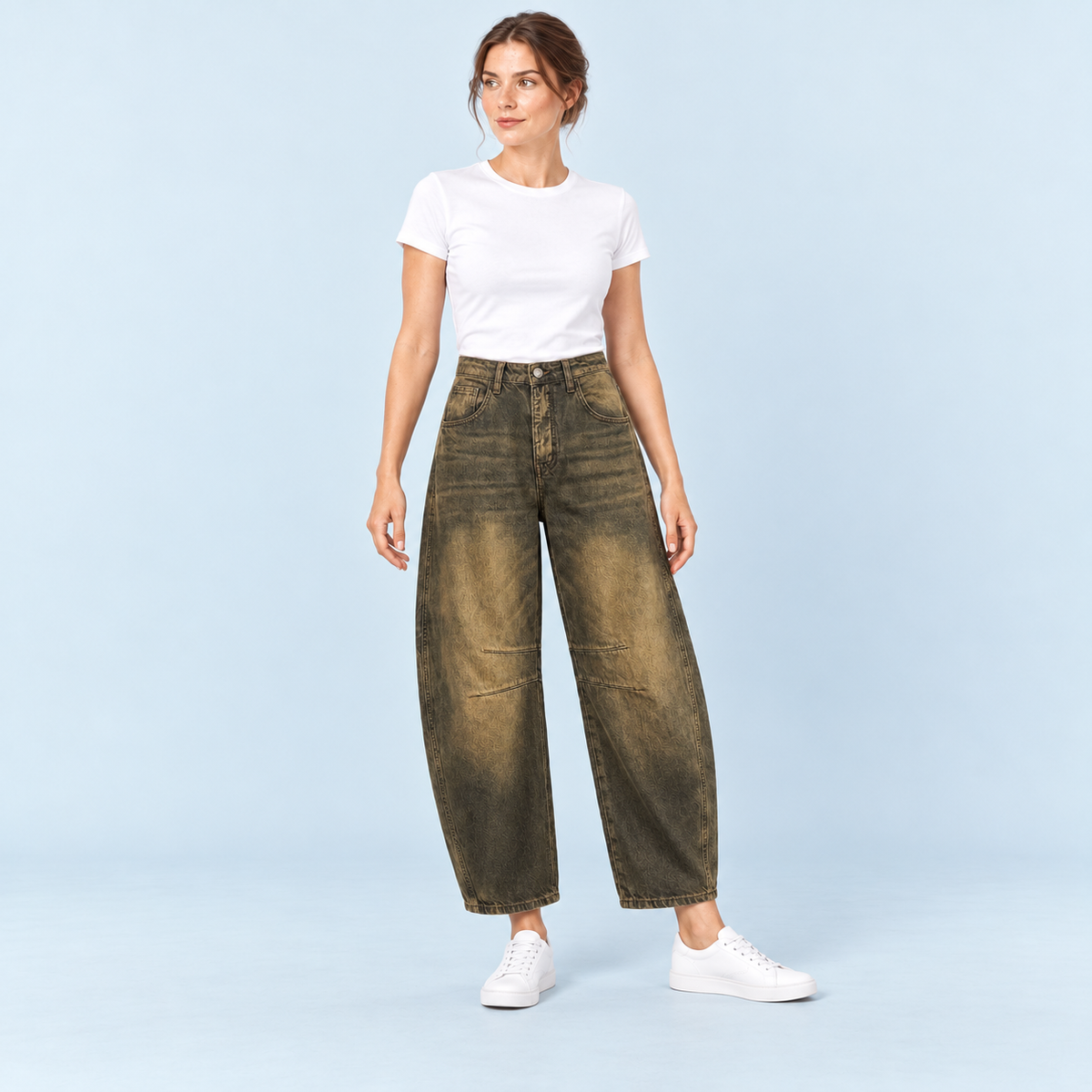 Jean large femme taille haute marron-clair — face