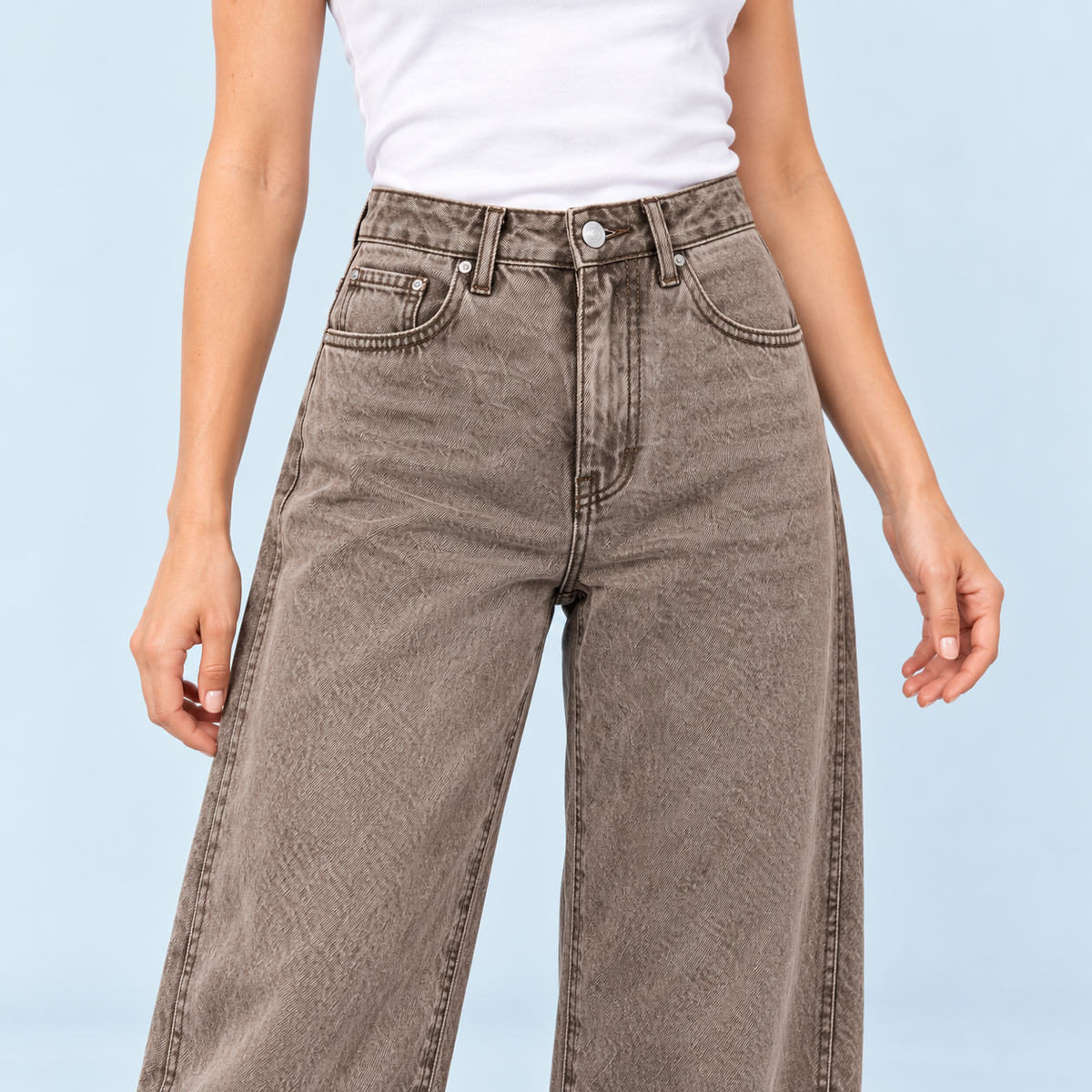 Jean large femme taille haute marron — detail